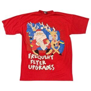 Vintage Santa Christmas Shirt OS Red Kicks Frequent Flyer Made USA 90s 80s tee